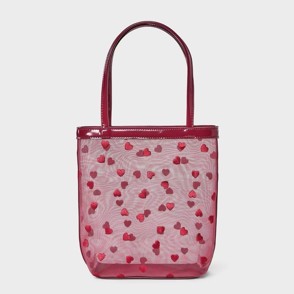 🆕 Ruby Red Valentine's Day Heart Embroidered Mesh Mini Tote Handbag